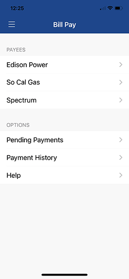 Screenshot of Bill Pay view in mobile banking app