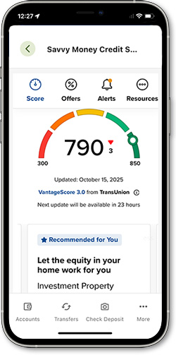 Screenshot of Savvy Money Credit Score Report in mobile banking app