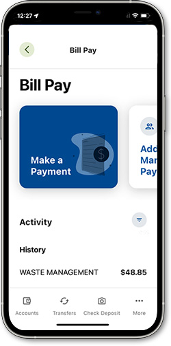 Screenshot of Bill Pay view in mobile banking app