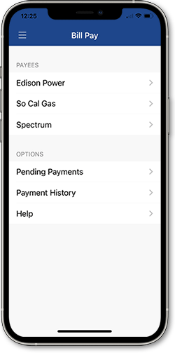 Screenshot of Bill Pay view in mobile banking app