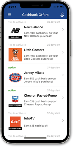 Screenshot of Cash Back Offers view in mobile banking app
