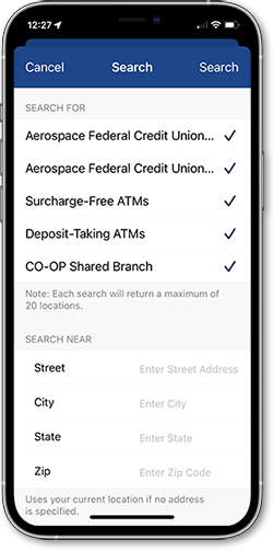 Screenshot of Locator in mobile banking app