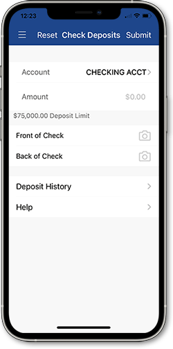 Screenshot of Mobile Deposit in mobile banking app