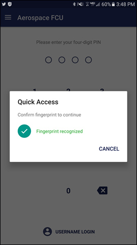 Quick Access fingerprint recognition confirmation message.