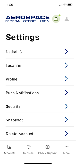 Screenshot of settings in mobile banking app
