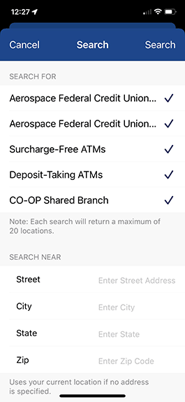 Screenshot of Locator in mobile banking app