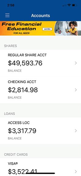 Screenshot of Accounts view in mobile banking app