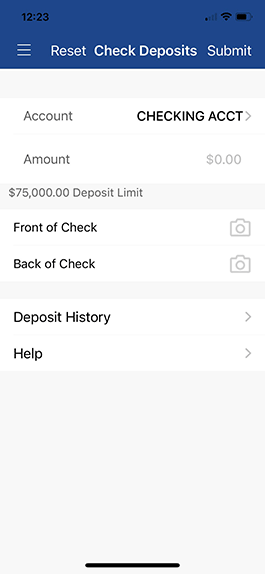 Screenshot of Mobile Deposit in mobile banking app