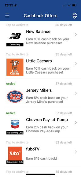 Screenshot of Cash Back Offers view in mobile banking app